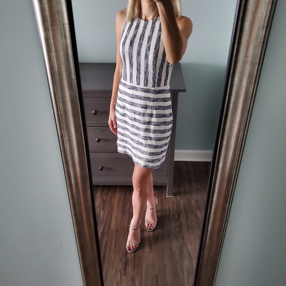 Julie Brown Metallic Navy Blue White Striped Dress - Picture 1 of 5